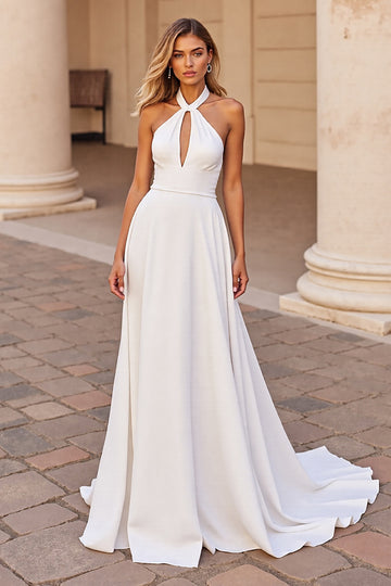 White Halter A Line Keyhole Wedding Dress